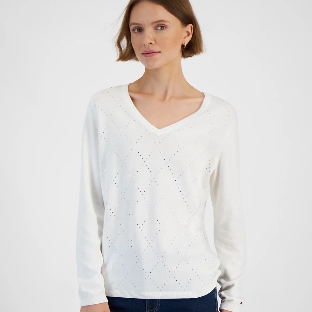 Tommy Hilfiger Women's Rhinestone Argyle V-Neck Sweater
